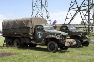 Two World War 2 US Army military vehicles on display at the show.