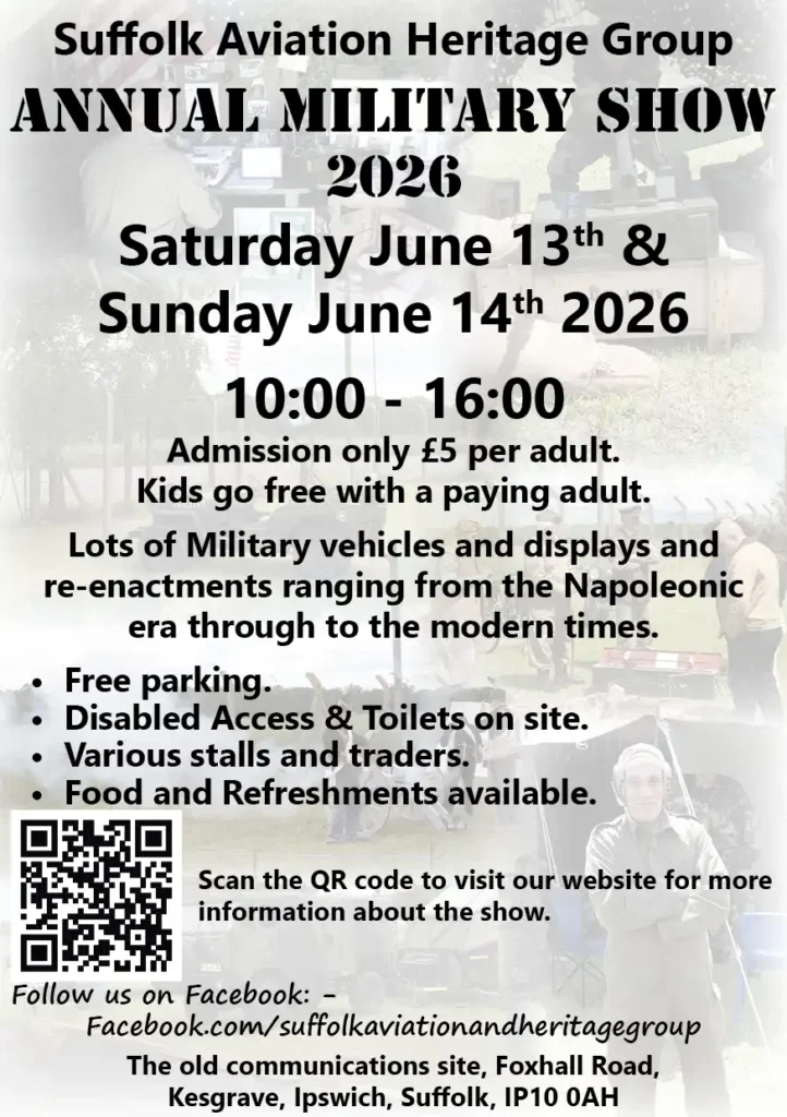 Flyer for general advertising for the 2026 military show at the Suffolk Aviation Heritage Museum