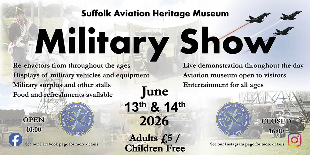 Banner for general advertising for the 2026 military show at the Suffolk Aviation Heritage Museum