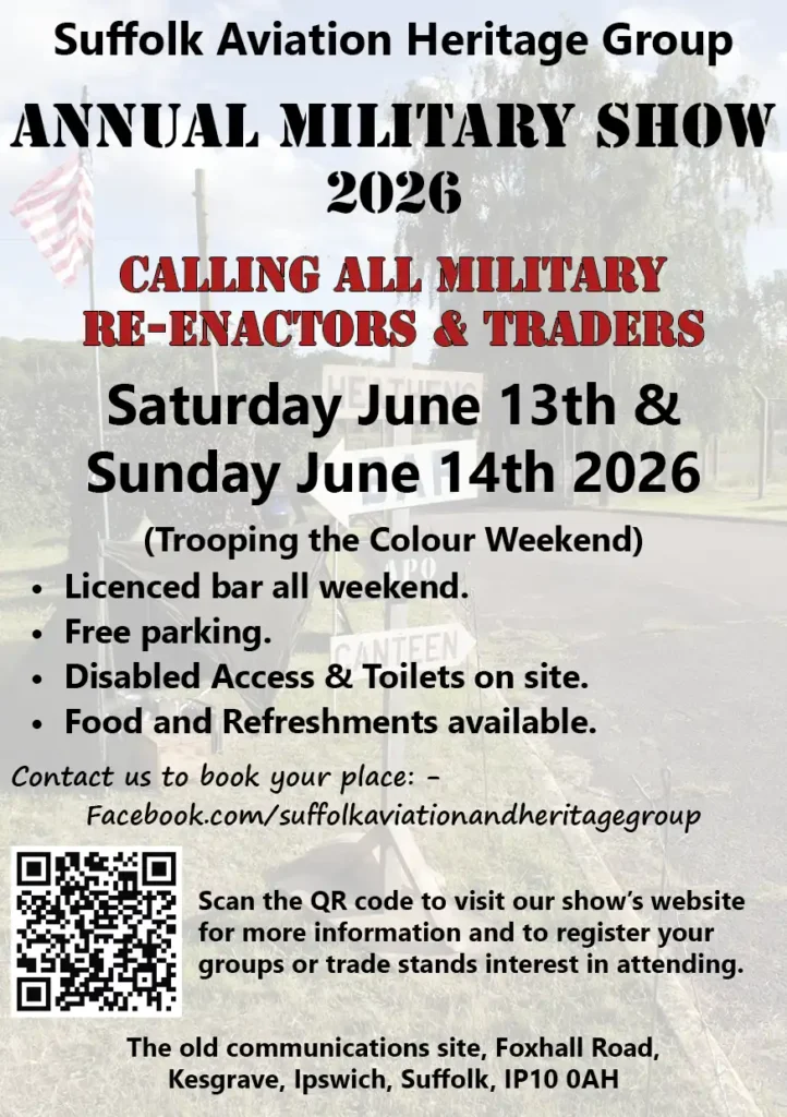 Flyer for traders and reenactors at the 2026 military show at the Suffolk Aviation Heritage Museum